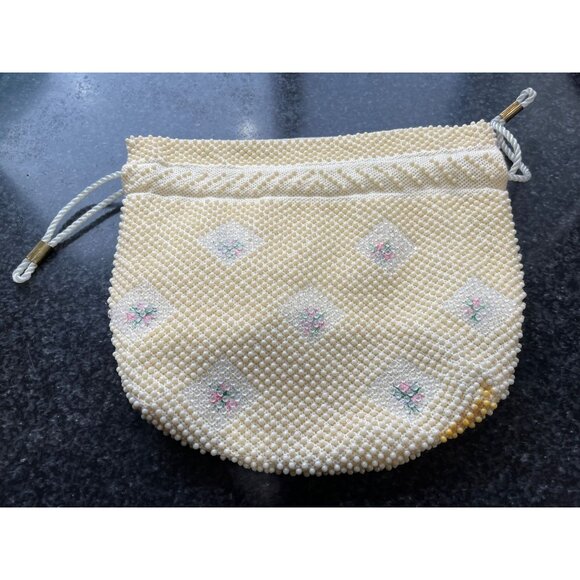 Vtg 1950's Candy Dot Beaded Drawstring Handbag Beige & Clear Colored Bakelite - Picture 8 of 9